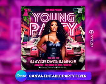 Bearbeitbare Rosa Party Flyer Vorlage, Instagram, Canva (Digitaler Download)