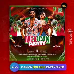 Puede incluir: Un folleto vibrante para una fiesta mexicana, con una pareja, maracas y una botella de tequila. El diseño incorpora los colores de la bandera mexicana y el texto "MEXICAN PARTY". El folleto incluye detalles del evento como la fecha, hora y lugar.