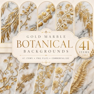 May include: A digital collection of 41 gold marble botanical backgrounds featuring various gold-colored plant motifs like ferns, flowers, and pine branches set against a white marble texture, with text reading Gold Marble Botanical Backgrounds.