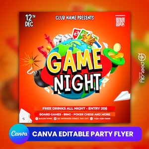 Game Night Party Flyer, Social Media Party Announcement Editable GAME NIGHT Party Invitation,DIY Canva Template, Game Night Pary Canva Flyer