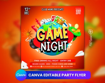 Folleto para fiesta de noche de juegos, anuncio en redes sociales (plantilla de Canvas)