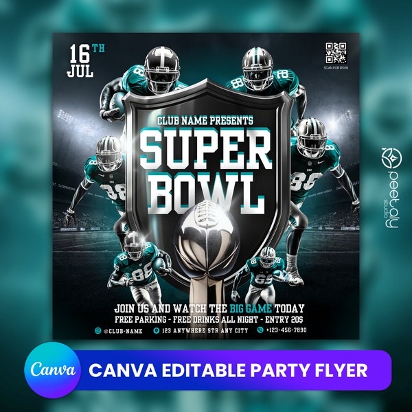 SuperBowl Football Flyer Template For Canva, DIY Event Flyer, Party Flyer, Digital SuperBowl Flyer, DJ Party Invite for Social Media,
