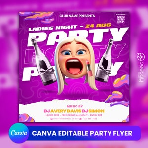 Editable Club Flyer Template For Canva, DIY Event Flyer, Party Flyer, Digital Birthday Flyer, DJ Party Invite for Social Media, Instagram