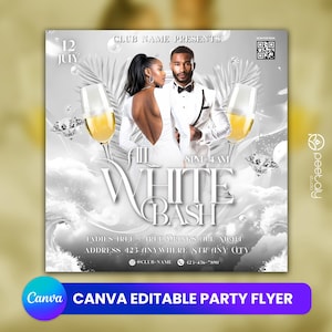 Volantino per feste All White, invito modificabile per annunci di feste All White sui social media, modello Canva fai da te, Canva estivo per feste All White