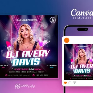 Peut inclure: Une affiche pour un événement de DJ mettant en vedette DJ Avery Davis. L'affiche est noire avec des accents roses et violets. Elle présente une photo de DJ Avery Davis et le texte "DJ Avery Davis" en grandes lettres audacieuses. L'affiche comprend également le texte "Club Name Presents", "18 Jul", "Doors Open 9PM", "Entry Price 20€", "DJ Avery Davis & DJ Simon", "Ladies Free | Free Drinks All Night", "123 Anywhere Street, Any City", et "+123-456-7890".