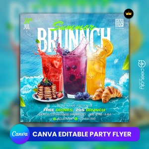 May include: A colorful flyer for a summer brunch event. The flyer features a blue background with waves, three glasses of colorful drinks, and a plate of pancakes with blueberries. The text on the flyer reads "Summer Brunch", "Free Drinks", "20s Brunch", "Club Name Presents", and "8PM-4AM".