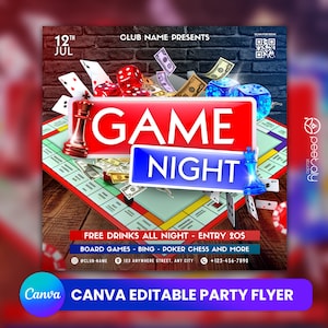 Game Night Party Flyer, Social Media Party Announcement Editable GAME NIGHT Party Invitation,DIY Canva Template, Game Night Pary Canva Flyer