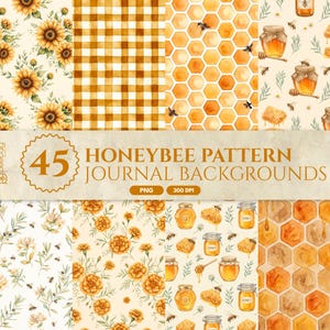 Op de afbeelding: Een digitale collectie van 45 journal-achtergronden met bijenpatronen, voorzien van aquarelillustraties van zonnebloemen, geel gingham, gouden honingraten, bijen, honingpotten, honingraatstukken en goudsbloemen op een crèmekleurige achtergrond.