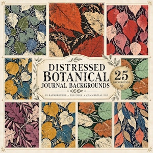 25 Distressed Botanical Journal Backgrounds, Vintage Leaf Screen Print Pages, Herbarium Scrapbook, Digital Download (PNG, 300 DPI)