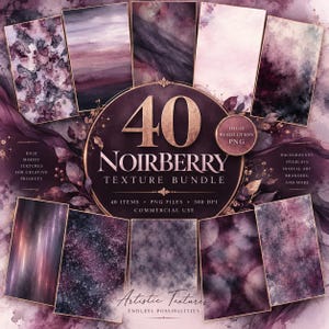 May include: A digital collection titled 40 Noirberry Texture Bundle featuring various rectangular samples of dark purple, plum, and black watercolor textures with gold accents, surrounded by decorative floral elements and text overlays.