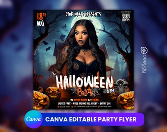 Plantilla editable para folletos de fiesta de Halloween y redes sociales (Canva)