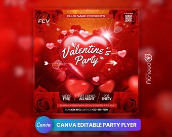 May include: A red and gold Valentine's Day party flyer with a large heart and the text "Valentine's Party". The flyer also includes the text "Ladies Free", "Free Drinks All Night", and "20$ Entry".