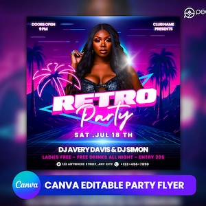 Editable Club Flyer Template For Canva, DIY Event Flyer, Party Flyer, Digital Birthday Flyer, DJ Party Invite for Social Media, Instagram