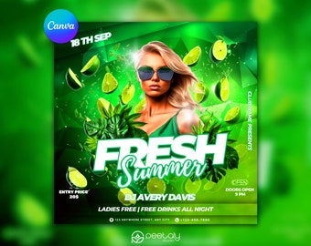 Bearbeitbare Sommer Party Flyer Vorlage, Social Media, Canva (2000x2000 px)