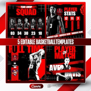 Può includere: Un design grafico a tema basket con una combinazione di colori nero e rosso. Il design include la formazione della squadra, le statistiche dei giocatori e le sezioni del punteggio a tempo pieno. Il testo include "SQUAD", "PLAYER STATS" e "5 EDITABLE BASKETBALL TEMPLATES".