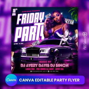 Editable Club Flyer Template For Canva, DIY Event Flyer, Party Flyer, Digital Birthday Flyer, DJ Party Invite for Social Media, Instagram