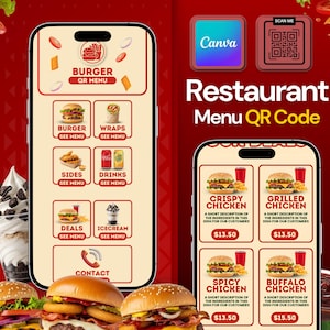 Plantilla de Canva con código QR para menú de restaurante personalizado / Diseño de menú digital, optimizado para dispositivos móviles y editable / Fácil de editar / Menú de Canva / Menú animado