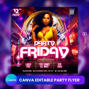 Editable Club Flyer Template For Canva, DIY Event Flyer, Party Flyer, Digital Birthday Flyer, DJ Party Invite for Social Media, Instagram