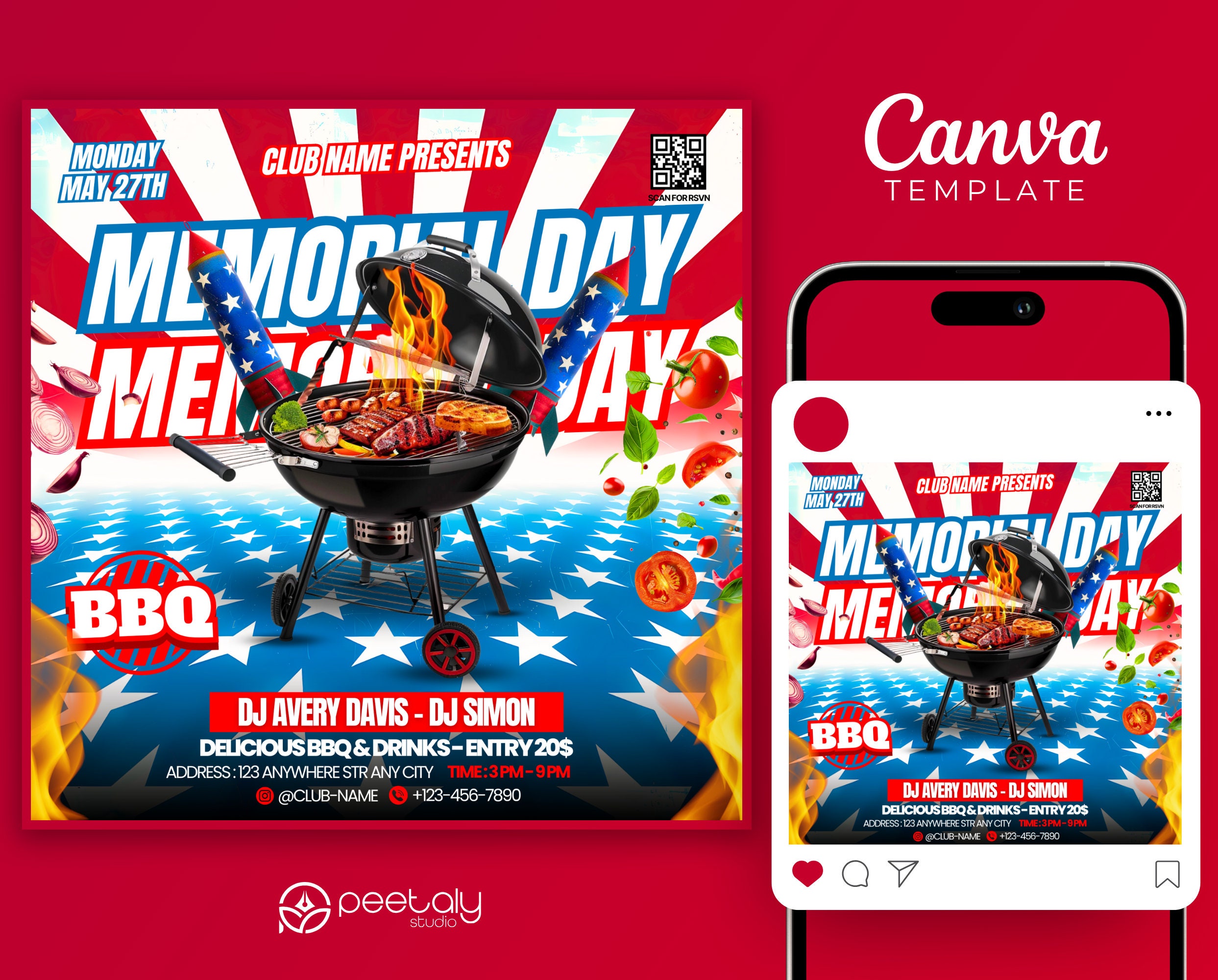 Memorial Day BBQ Party Flyer Template, Editable Canva Design (digital ...