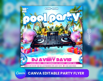 Folleto de fiesta en la piscina, anuncio de fiesta en la piscina en las redes sociales Invitación editable a la piscina de verano, plantilla DIY Canva, fiesta de cumpleaños piscina verano Canva