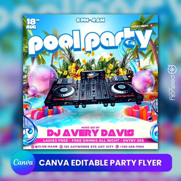 Pool Party Flyer, Social Media Pool Party Announcement Editable Summer Pool Invitation, DIY Canva Template, Birthday Party Pool Summer Canva