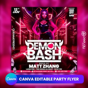 Editable Club Flyer Template For Canva, DIY Event Flyer, Party Flyer, Digital Birthday Flyer, DJ Party Invite for Social Media, Instagram