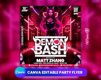 May include: A pink and black party flyer with a woman in a black latex outfit and devil horns. The flyer says "Demon Bash" with the text "Music by Matt Zhang" and "Ladies Free - Free Drinks All Night - Entry $20".