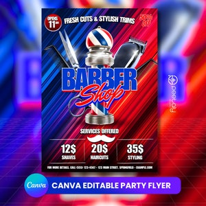 Dépliant modifiable pour salon de coiffure, salon de coiffure Canva, flyer personnalisable pour barbier, flyer événement DIY, flyer salon de coiffure numérique pour médias sociaux, Canva
