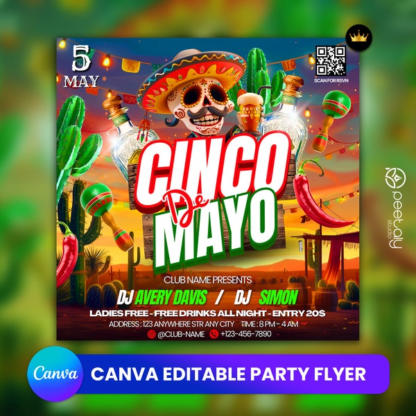 Plantilla editable de volante del Club Cinco de Mayo para Canva, volante de eventos de bricolaje, volante de fiesta, volante de fiesta mexicana, invitación a fiesta de DJ para redes sociales