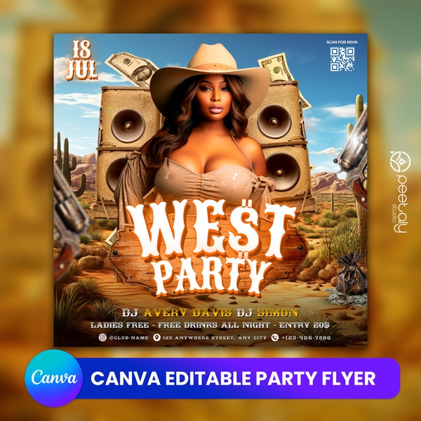 Western Party Flyer, Social Media Pool Party Announcement Editable Summer Pool Invitation, DIY Canva Template, Birthday Western Party Canva
