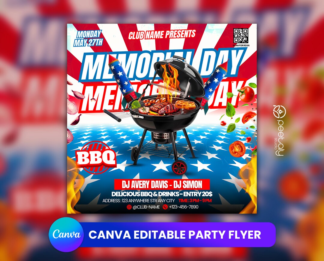 Memorial Day BBQ Party Flyer Template, Editable Canva Design (digital ...