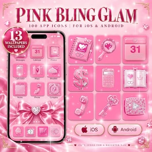 100 rosa bling glam appikoner, strass iOS och Android ikonpaket, Coquette Row iPhone-tema, flickigt hemskärm, 13 gratis bakgrundsbilder
