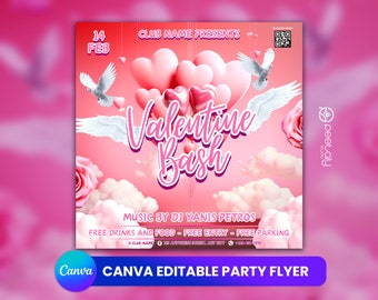 May include: A pink and white Valentine's Day party flyer with the text "Valentine Bash" and "Music by DJ Yanis Petros". The flyer also includes the date "14 Feb", free drinks and food, free entry, and free parking.