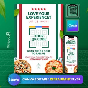 May include: A green and white restaurant flyer with the text "LOVE YOUR EXPERIENCE? LET US KNOW!" and "YOUR QR CODE". Includes a QR code, a smartphone displaying the flyer, and two pizzas. The flyer is labeled "CANVA EDITABLE RESTAURANT FLYER".
