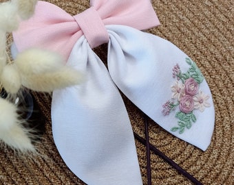 Handmade Linen Flower Bow: Embroidered Girl's Hair Clip