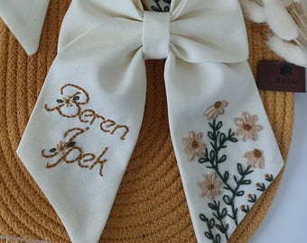 Handmade Linen Floral Hair Bow: Custom Embroidered Name Clip