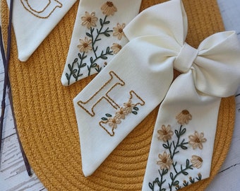 Handmade Linen Floral Embroidered Hair Bow: Custom Initial Clip