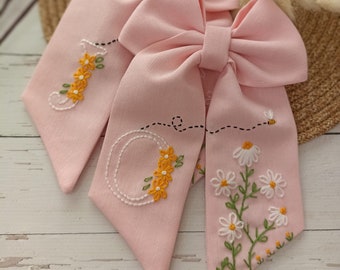 Hand embroidered bow, Handmade hair clips, Floral hair bow, Custom name hair bow, Hair bows for women,