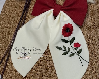 Handmade Linen Hair Bow: Embroidered Floral Hair Clip