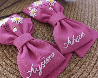 Hand embroidered bow, Handmade hair clips, Floral hair bow, Custom name hair bow, Hair bows for women,