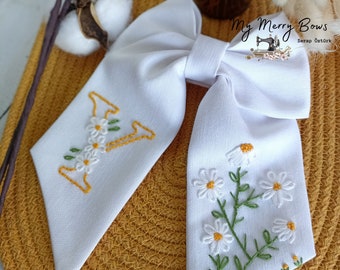 Handmade Linen Hair Bow: Embroidered Floral Initial Clip