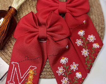 Handmade Linen Floral Hair Bow: Embroidered Initial Clip