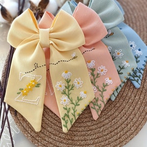 Handmade Linen Hair Bow: Floral Embroidered Initial Clip