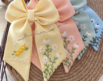 Handmade Linen Hair Bow: Floral Embroidered Initial Clip