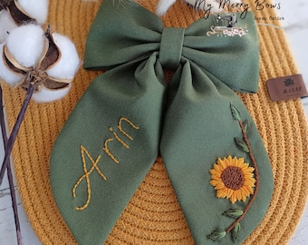 Handmade Linen Hair Bow: Embroidered Floral Personalized Hair Clip