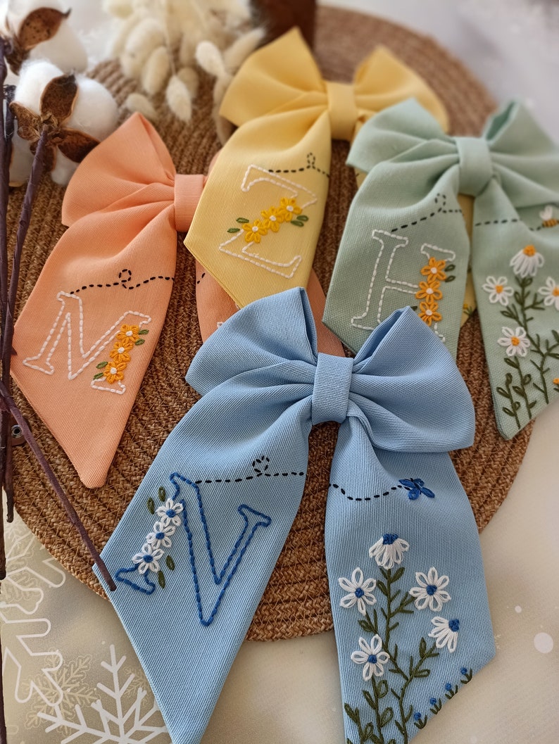 Handmade Linen Hair Bow Floral Embroidered Initial Clip Etsy Handmade Linen Hair Bow Floral Embroidered Initial Clip Etsy