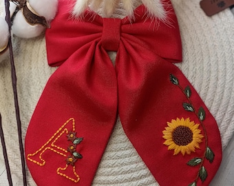 Handmade Linen Hair Bow: Floral Embroidered Initial Clip