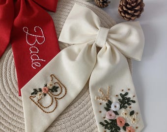 Handmade Linen Hair Bow: Floral Embroidered Initial Clip