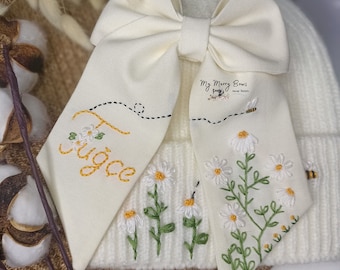Handmade Linen Floral Hair Bow: Custom Embroidered Name Clip