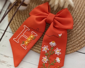 Handmade Linen Hair Bow: Embroidered Floral Initial Clip